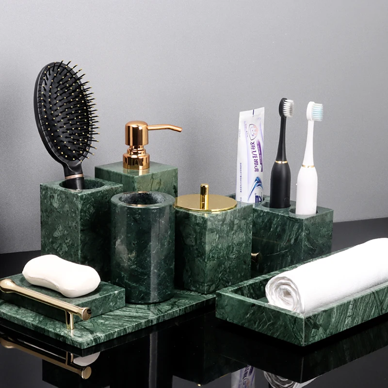 Soap dispenser tongue scraper toilet paper box Indian Green Natural Marble Bathroom Accessories Retro Soap Dispenser Soap Dish Toothbrush Holder Tissue Box Bathroom Set