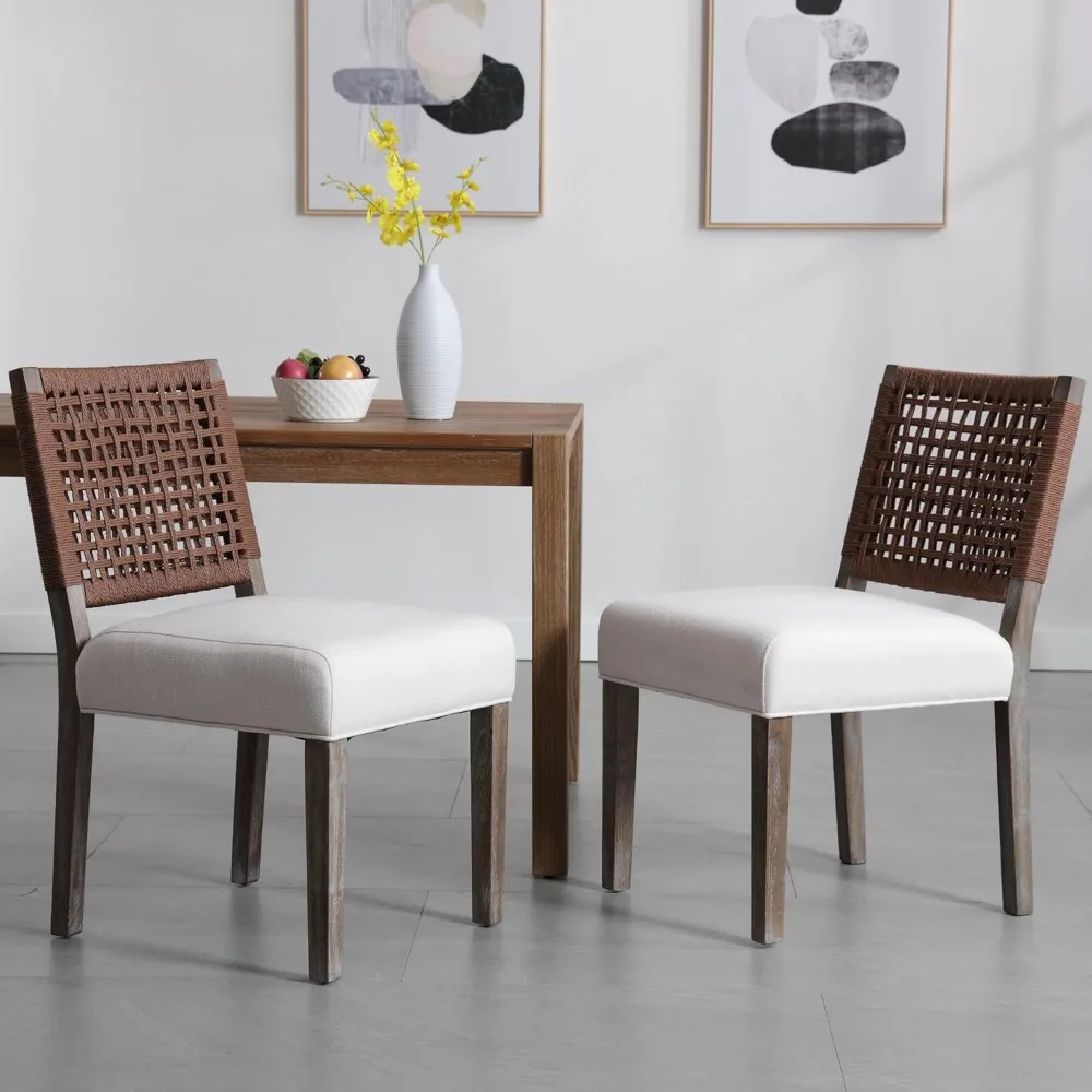 Upholstered Dining Chairs Set of 2, Farmhouse Dining Room Chairs Beige Kitchen Wooden Side Chair for Dinning Room-Linen