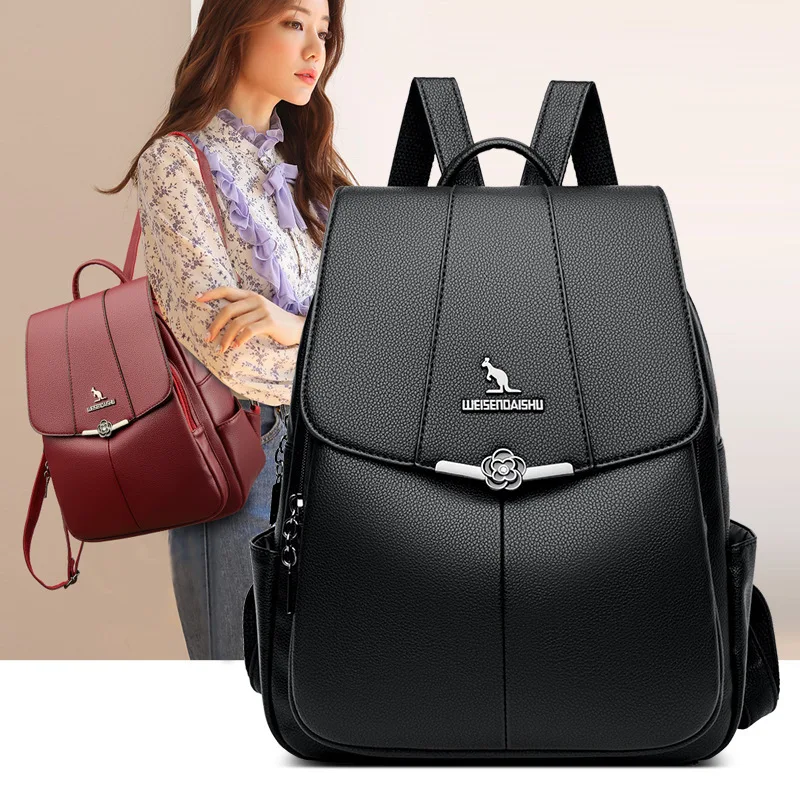 Elegant Leather Women's Backpack Large Capacity School Bags For Girls Fashion Anti-theft Feminina Travel Backpack
