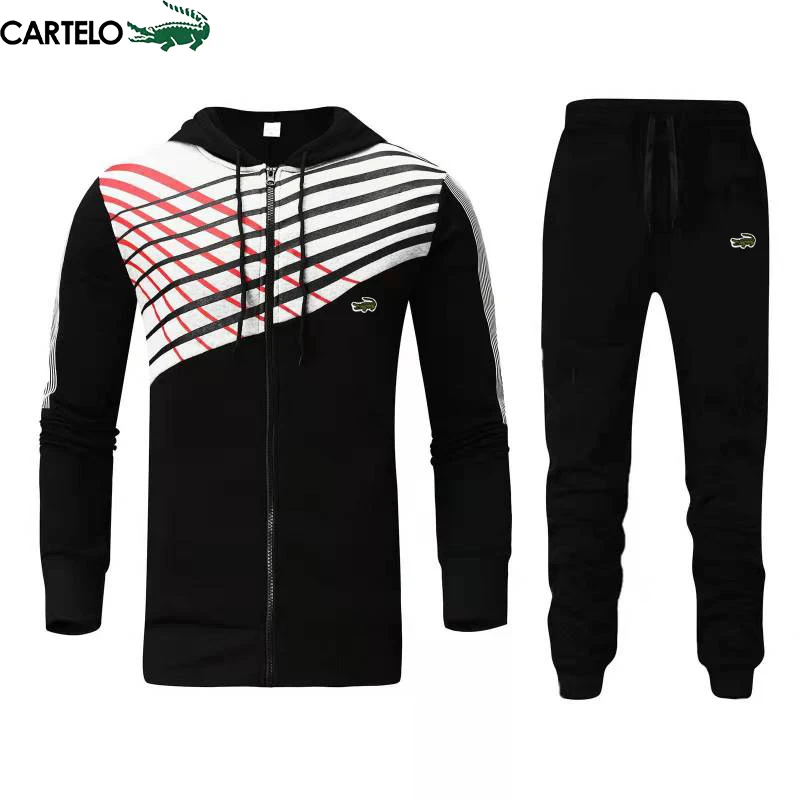 CARTELO High Quality Men's Suit Fashion Casual Tracksuit Two Piece Hoodie Zipper Sports Clothes Sweatshirt Jogging Set Stripe