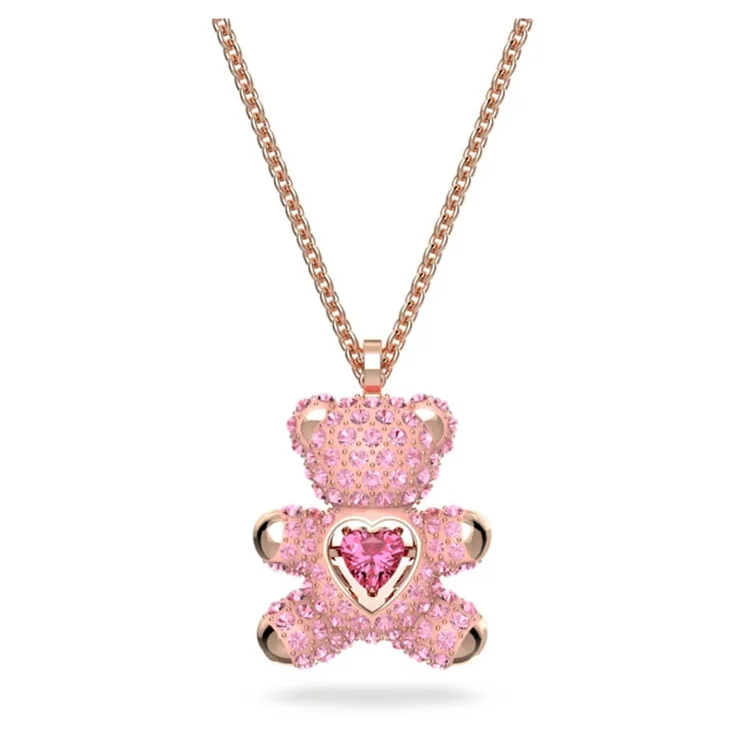 

Original Luxury Lovely Pink Crystal Cubic Zirconia Teddy Bear Chain Necklace For Girls Women Pink Heart Necklace Fashion Jewelry