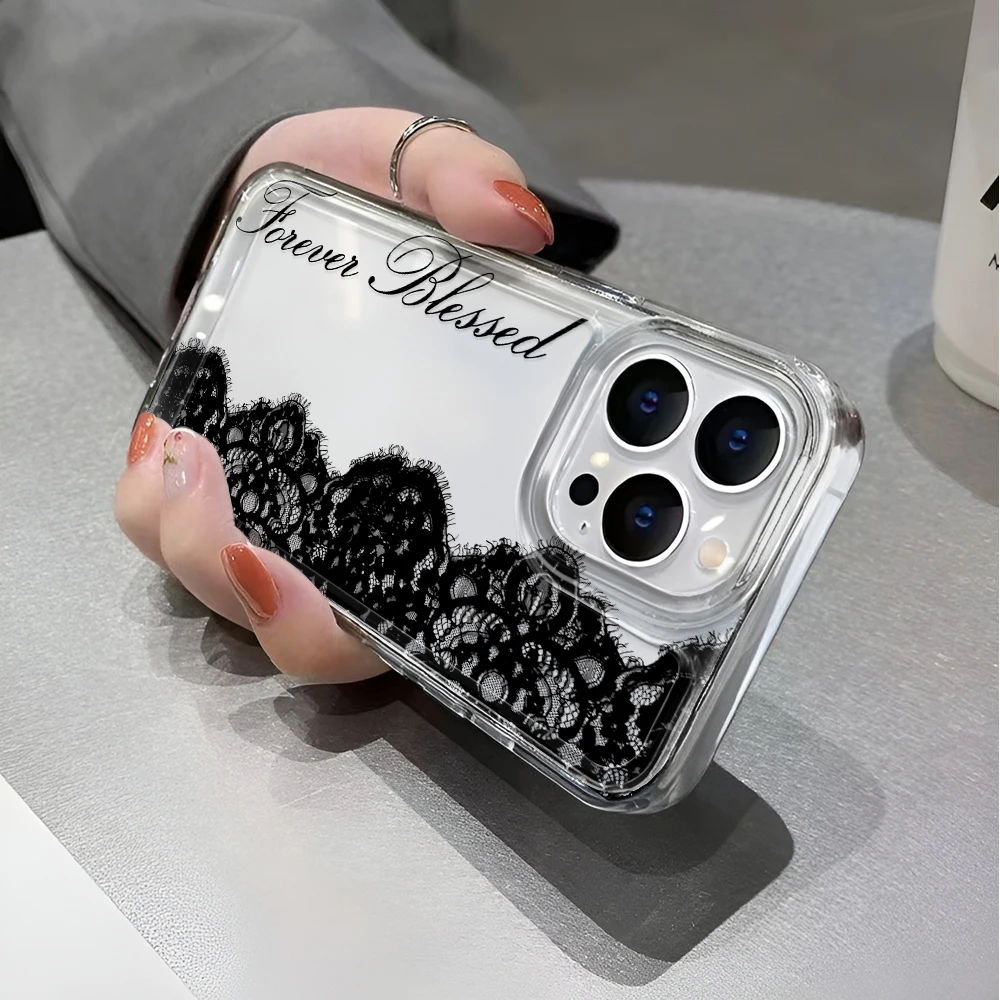 รูปสินค้า เคส iPhone ลายลูกไม้สีดำ โปร่งใส ป้องกันแรงกระแทก