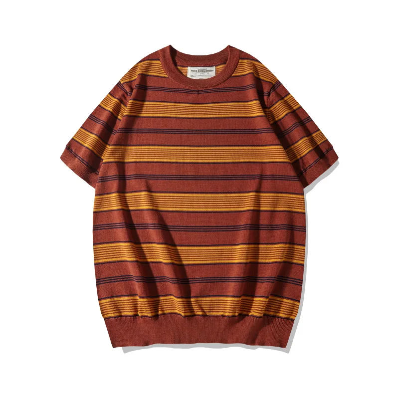 OKONKWO New Thick and Heavy Knitted Stripe T-shirt with Round Neck and Inter Strip Knitted Tee Outdoor Ball Game Golf Sports Top