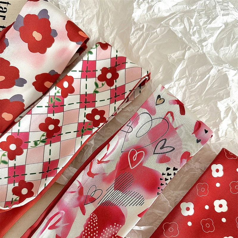 Luna&Dolphin Women Spring Skinny Long Scarf Red White Felower Love Print Chiffon Silk Tie Bag Ribbon Headband Choker 2