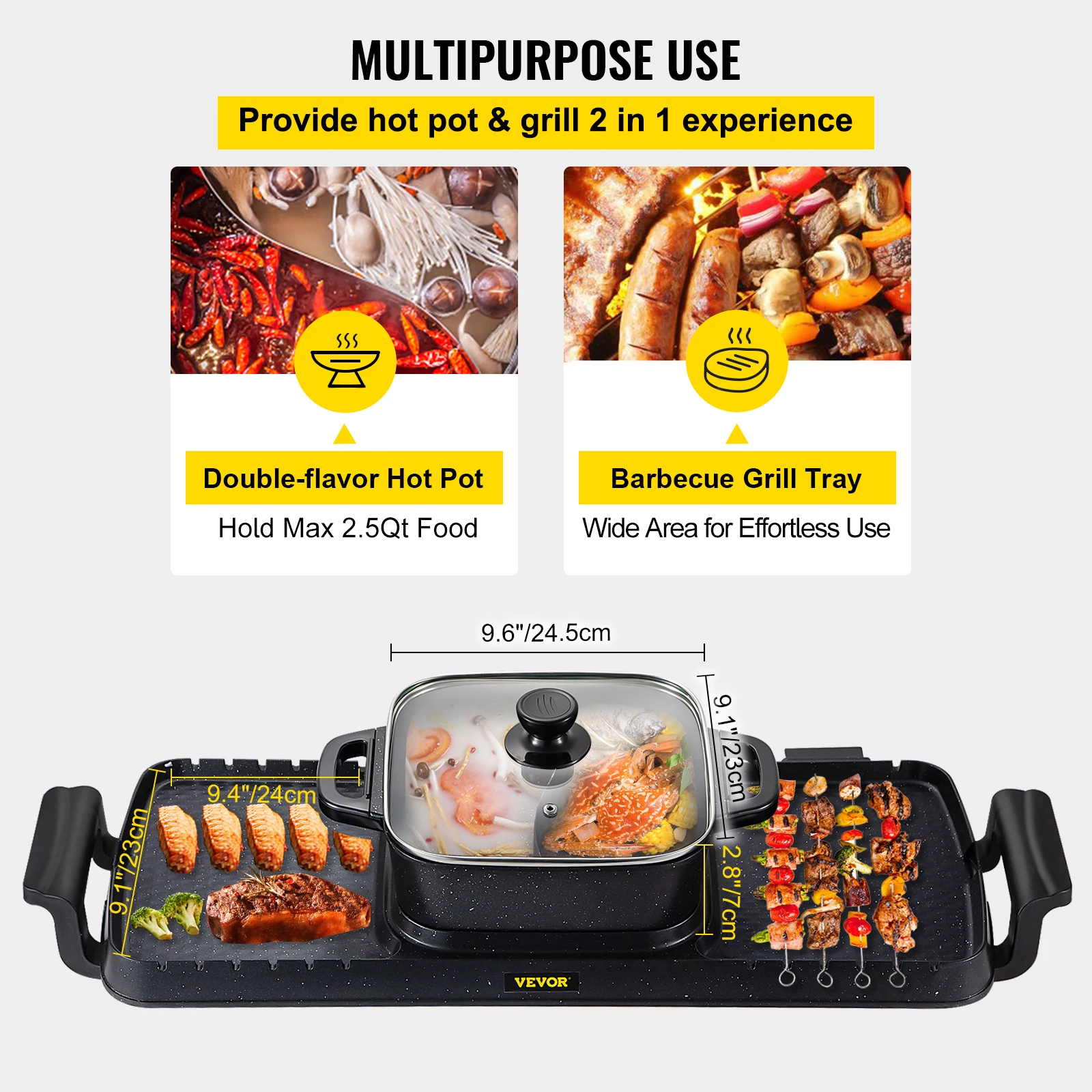 VEVOR 2in1 Electric BBQ Pan Grill Hot Pot 2400W Multifunction Home Portable Smokeless Nonstick Detachable Hot Pot Barbecue Plate 3