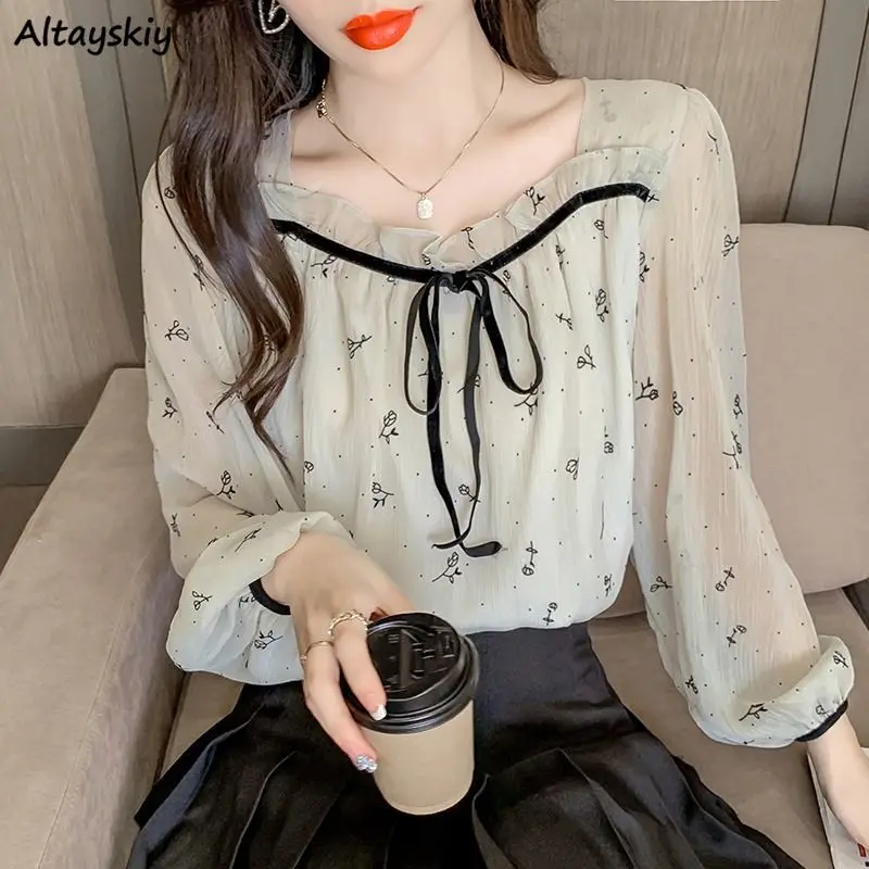 

Vintage Blouses Women Floral Square Collar Long Sleeve Lace-up French Style Chiffon Summer Sun-protection Elegant Ladies Tender
