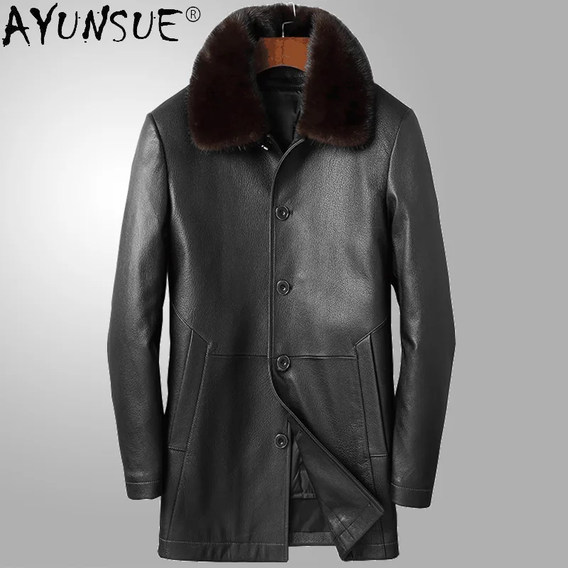 

AYUNSUE Genuine Goatskin Leather Down Jacket for Men Winter Mid-length Down Coats Detachable Mink Collar Leather Jackets Abrigos