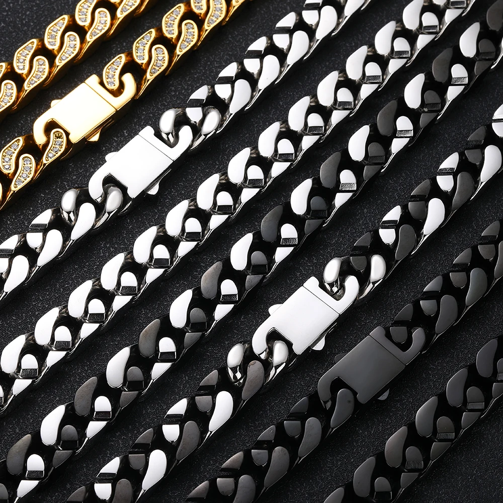 Hip Hop Jewelry Ice Out Cuban Link Chain For Men 18k Gold Plating Bling Full Diamond 12MM Stainless Steel Necklace No Fade