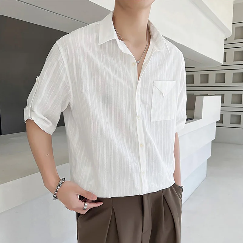 

High Quality Cotton Men's Clothing Summer Retro Lapel Short Sleevd Men Casual Shirts Tops Big Size Single Pocket Korean Shirt