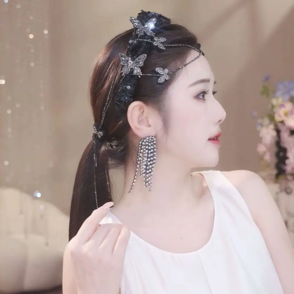 1Pcs New Velvet Braided Tassel Headband Stylish Charm Tassel Lace Mesh Head Band Shiny Floral Hair Accessories for Women