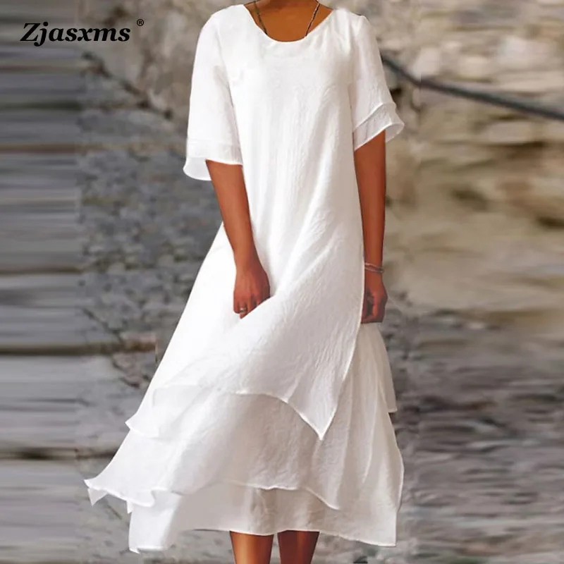 

Летнее офисное платье с коротким рукавом, модное женское повседневное двухслойное платье с разрезами, элегантное женское однотонное платье с круглым вырезом