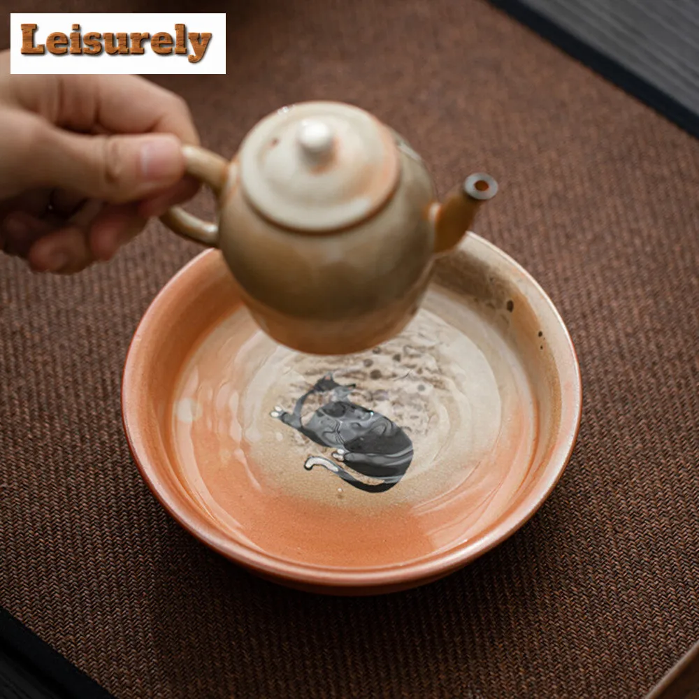 Creative Hand-painted Zhiye Cat Pot Holding Holder Dry Brew Table Tea Tray Ceramic Insulation Pad Fruit Snack Plate Accessories