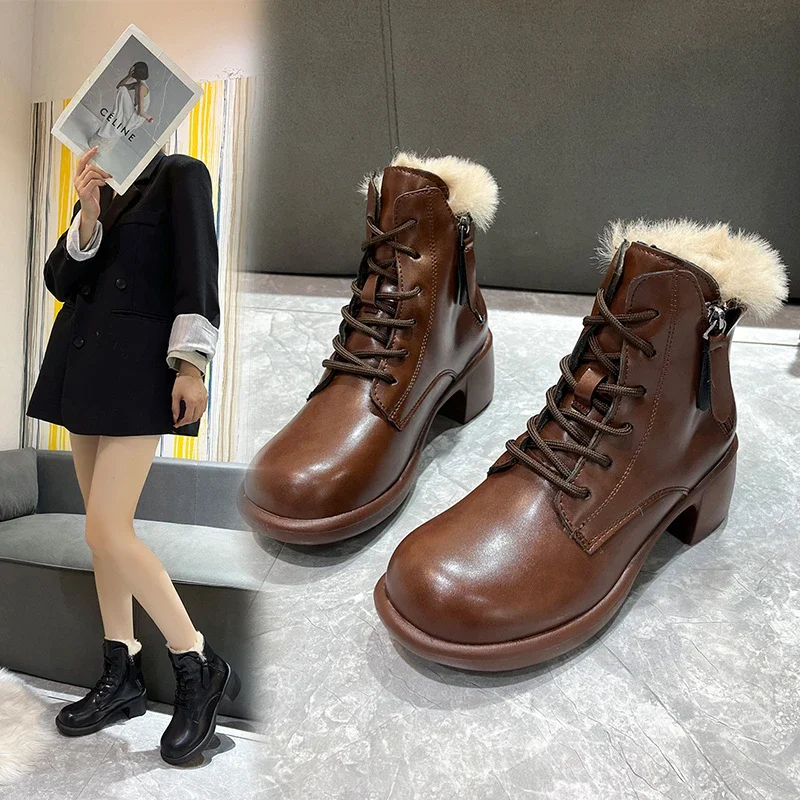 

Side zipper winter PU snow boots short barrel round toe boots with middle heel (3-5cm) rubber square heel leather boots