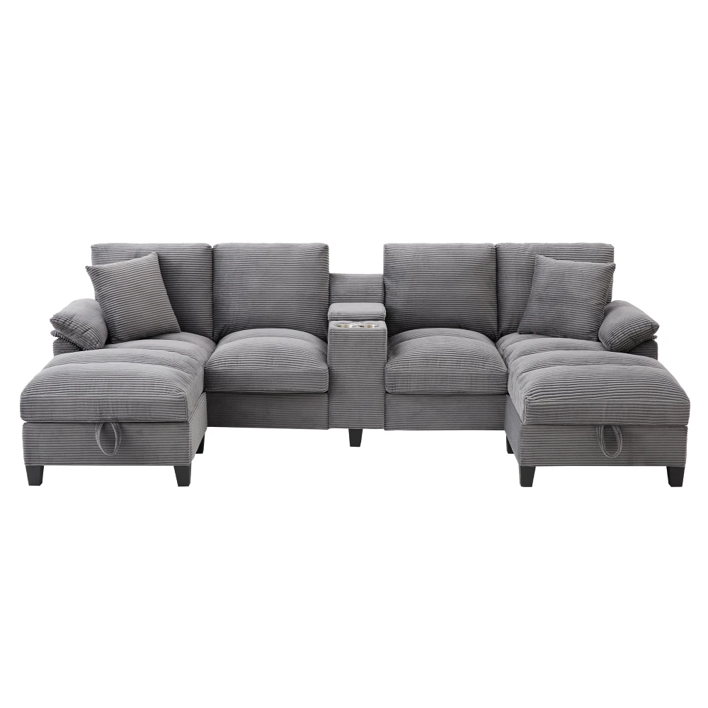 4-Sitzer-U-förmiges Sofa mit Stauraum, übergroßer Cordplatte und Kissen, Getränkehalter aus Edelstahl und zwei USB-Anschlüssen – Detail 12