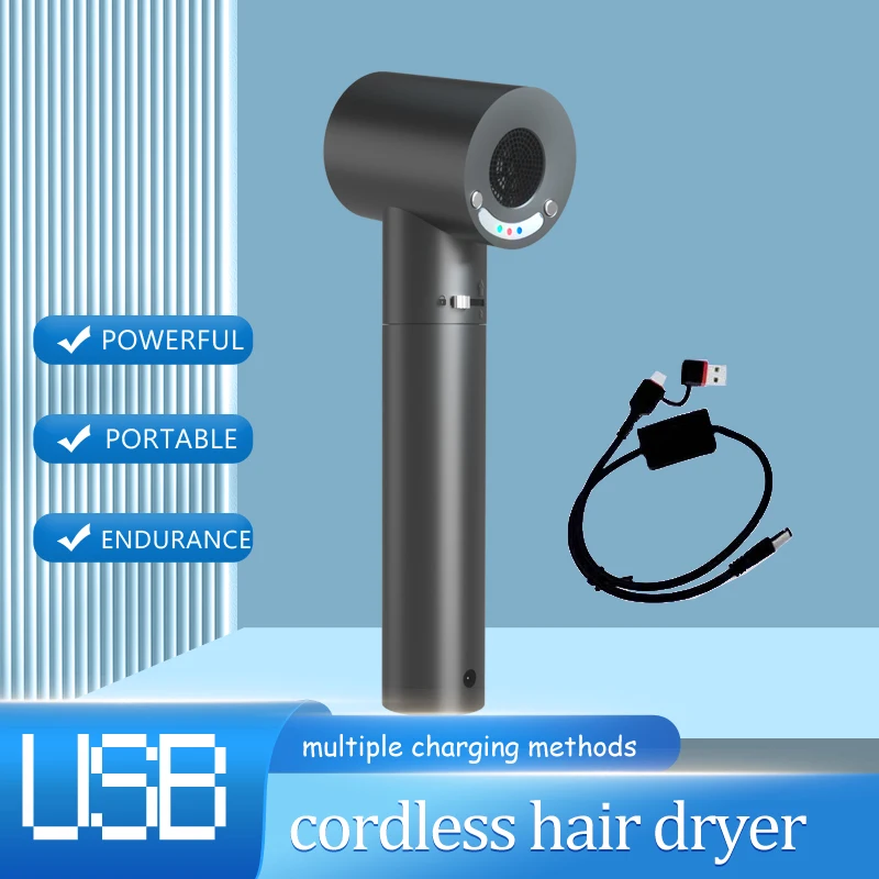 Cordless Hair Dryer Hot Wind Natural Air USB Charger Charging Rechargeable Battery Not Plug In