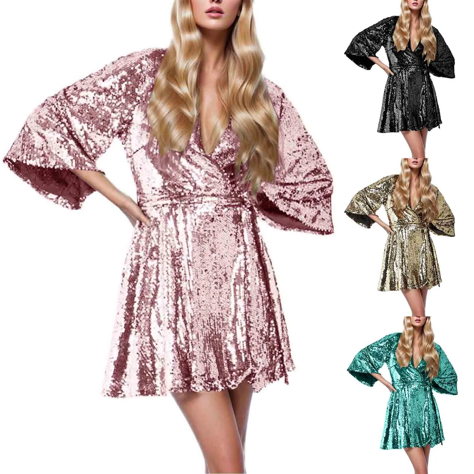 

2023 New Ladies Solid Color V-Neck Lace Up Loose Edition Sequin Embroidered Dress Long Sleeved Elegant Evening Night Party Gown