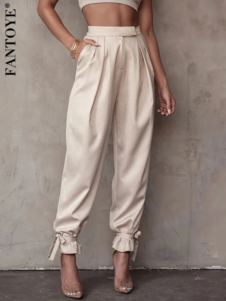 

Женские Сатиновые шаровары FANTOYE, на шнуровке, с высокой талией, на молнии, Осенние плиссированные свободные длинные брюки с карманами, повседневные офисные женские штаны