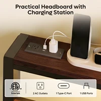 Twin Bed Frame with Storage Headboard and Charging Station, Walnut Platform Bed Frame with LED Light, Non-Slip Metal,Brown 5