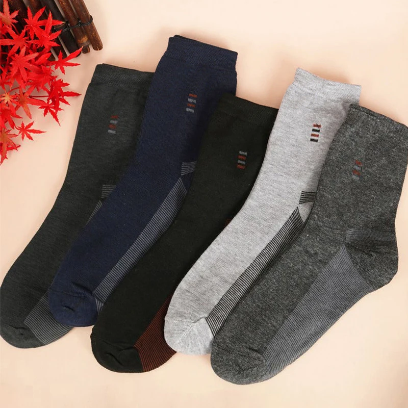 Casual black mid calf socks, 5 pairs men's, soft comfortable wear-resistant