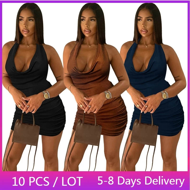 

Wholesale Items Halter Backless Sexy Dress Women Streetwear Ruched Solid Bodycon Dress Night Club Summer Short Mini Party Dress