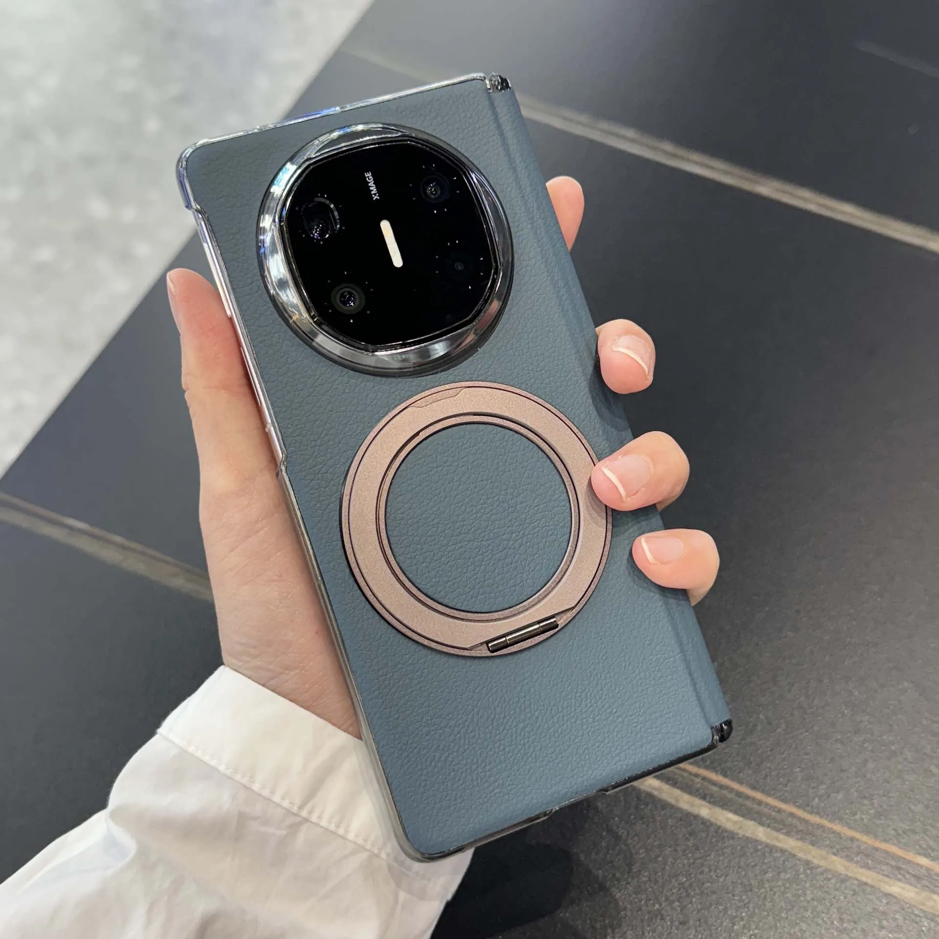 Electroplated Matte Leather Magnetic Ring Holder Case with Folding Hinge Cover