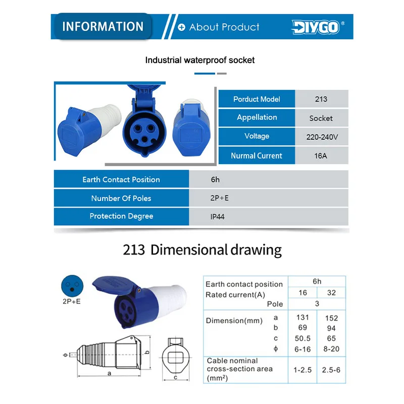 DIY GO 16A 3Pin 220-240V IP44 방수 플러그 및 소켓 전력 산업용 남성 및 여성용 전기 케이블 커넥터