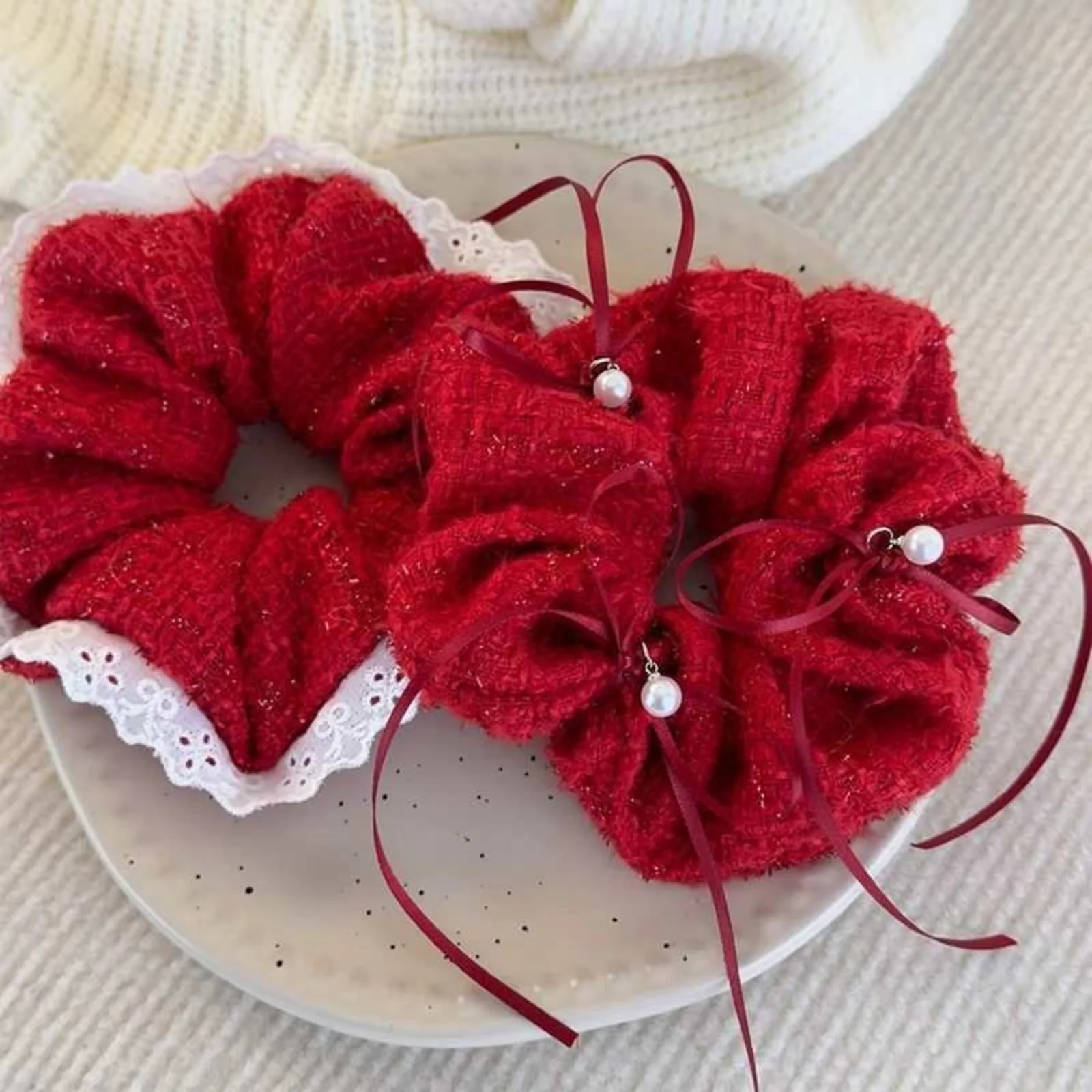 1PC Red Glitter Scrunchies Set, Lace Trim & Pearl Ribbon Decor Hair Ties, Elegant Retro-Style Elastic Hair Bands For Women