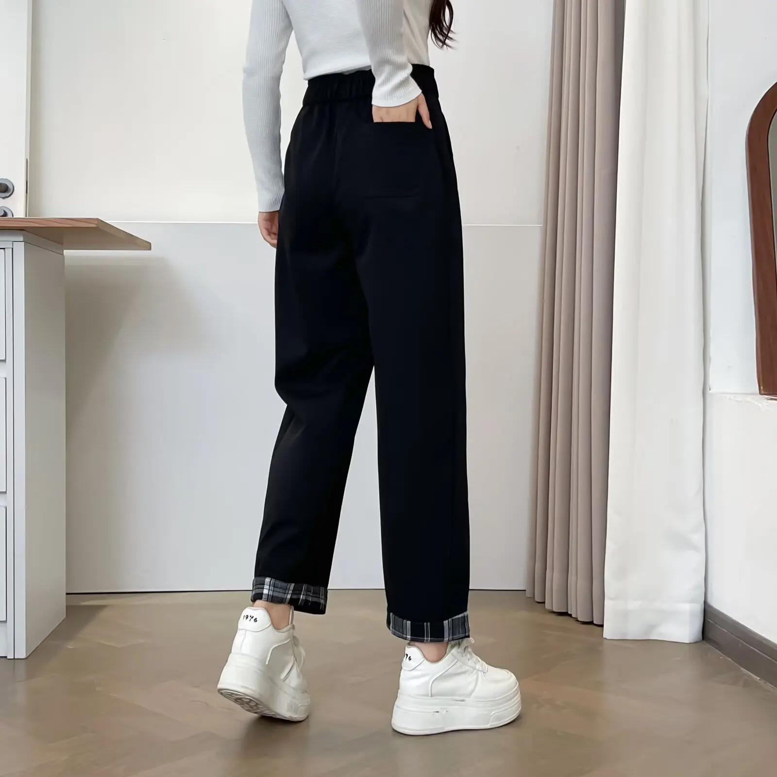 XXXXL Fashion Plus Size Women's Straight Leg Pants New Autumn rolled-up Leg Oepning Plaid Ankle-Length Trousers 2546