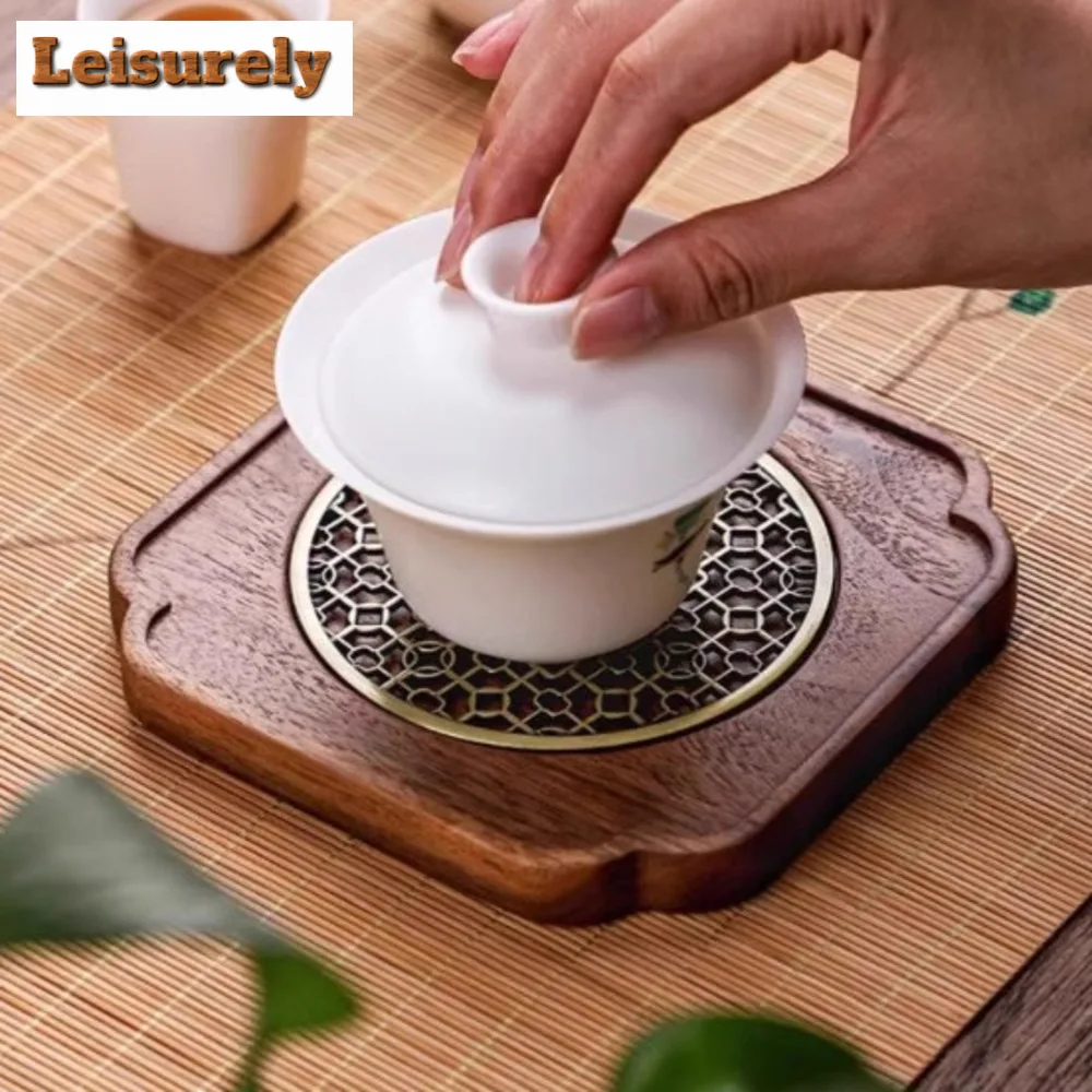 Retro Square Walnut Tea Tray Teapot Solid Wood Pot Bearing Holder Office Coffee Teapot Holder Cups Base Tea Ceremony Accessories