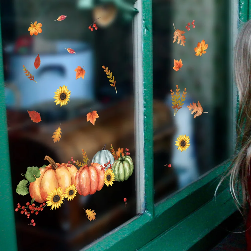 Autumn Window Clings for Glass Pumpkin Autumn Leaves Clings for Window Fall Stickers Thanksgiving Home Office Decorations