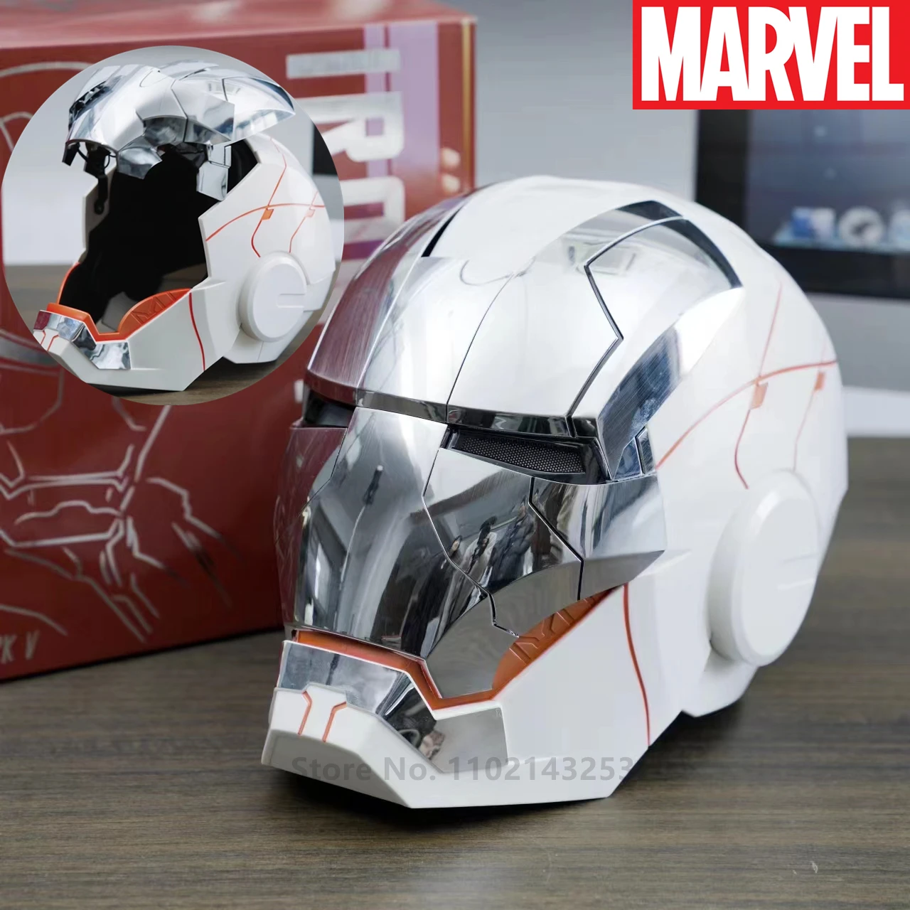 

2023 New Marvel Helmet 1:1 Iron Man White MK5 Voice Control Eyes with LED Model Toys for Adult Electric Wearable Birthday Gift