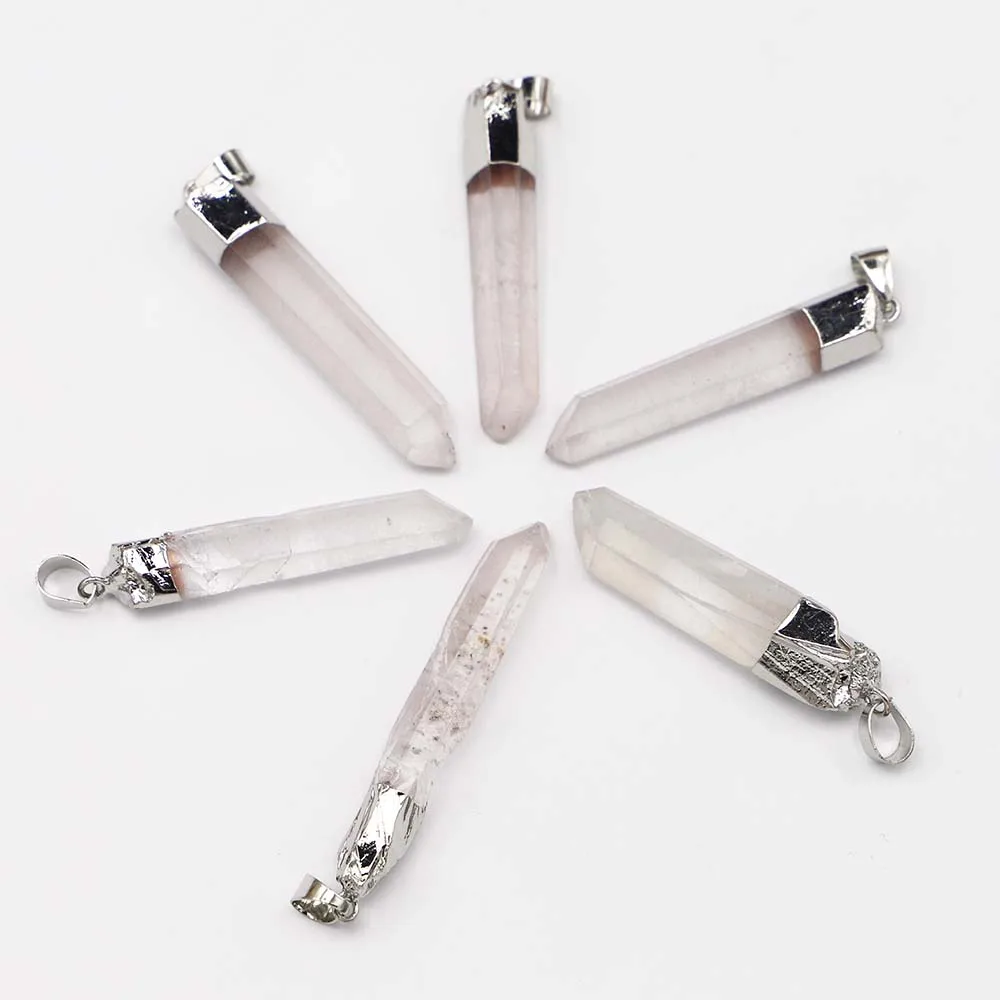 New Natural Stone Clear Crystal Quartz Platinum Plating Pendant Charm Raw Ore for Women Necklace Jewelry Making 6pcs Wholesale