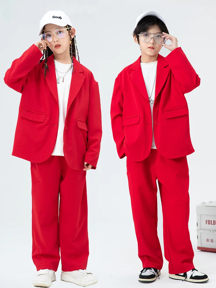 

Новый детский сценический костюм, танцевальная одежда в стиле хип-хоп, красный костюм для девочек и мальчиков, пальто и штаны, современный костюм для джазовых представлений, Концертная одежда BL9869