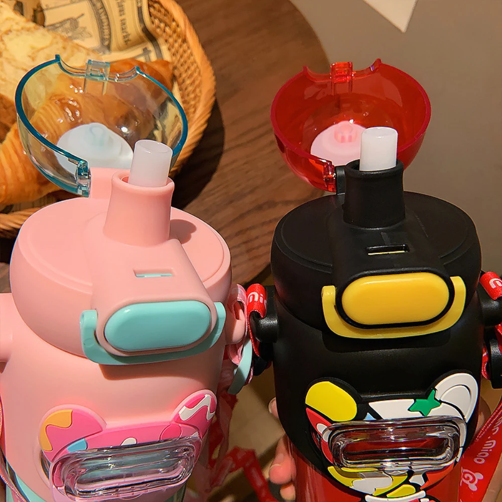 

Thermos Cup Bear Graffiti Star Painted Cute Kids Stainless Steel Cup With Straw Hanging Rope Creativity Water Bottle