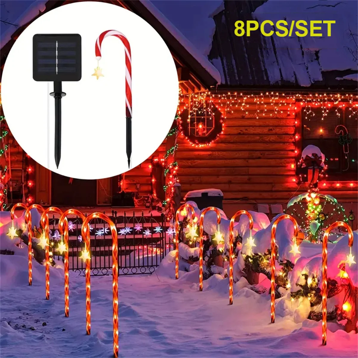 Lot De 8 Lumières De Noël Solaires En Forme De Canne à Sucre - Décoration Extérieure Étanche Avec Étoiles - Pour Pelouse Et Allée - 11