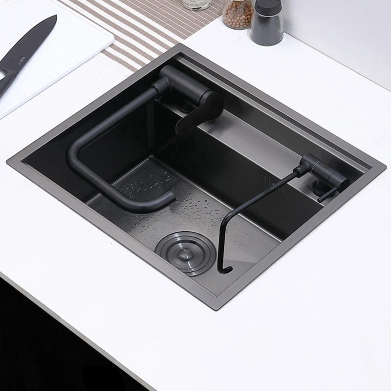 Nanometer Black Double Cover hidden kitchen Sink 304 Stainless Steel Handmade Brushed Single kitchen Sink 6