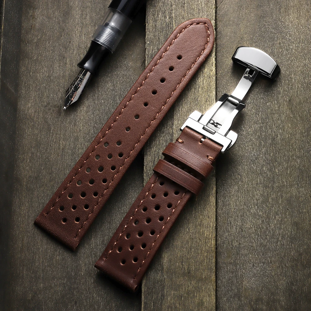 Premium Genuine Cowhide Leather Watch Band with Butterfly Buckle - Universal Breathable Bracelet