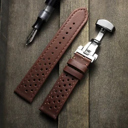 Vintage Leather Watch Band with Butterfly Buckle - Breathable Bracelet Belt Accessory - 18mm (Polish - Dark Brown)