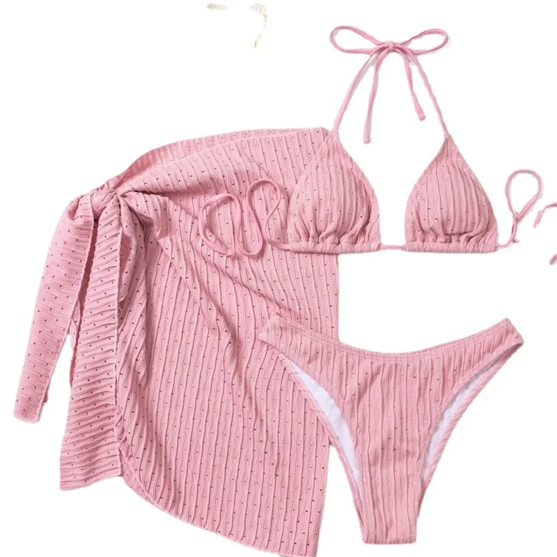 2023 New Swimwear Women Sexy Bikini Set Solid Color High Waist Three Pieces Swimwear Beachwear Bathing Suit Femme