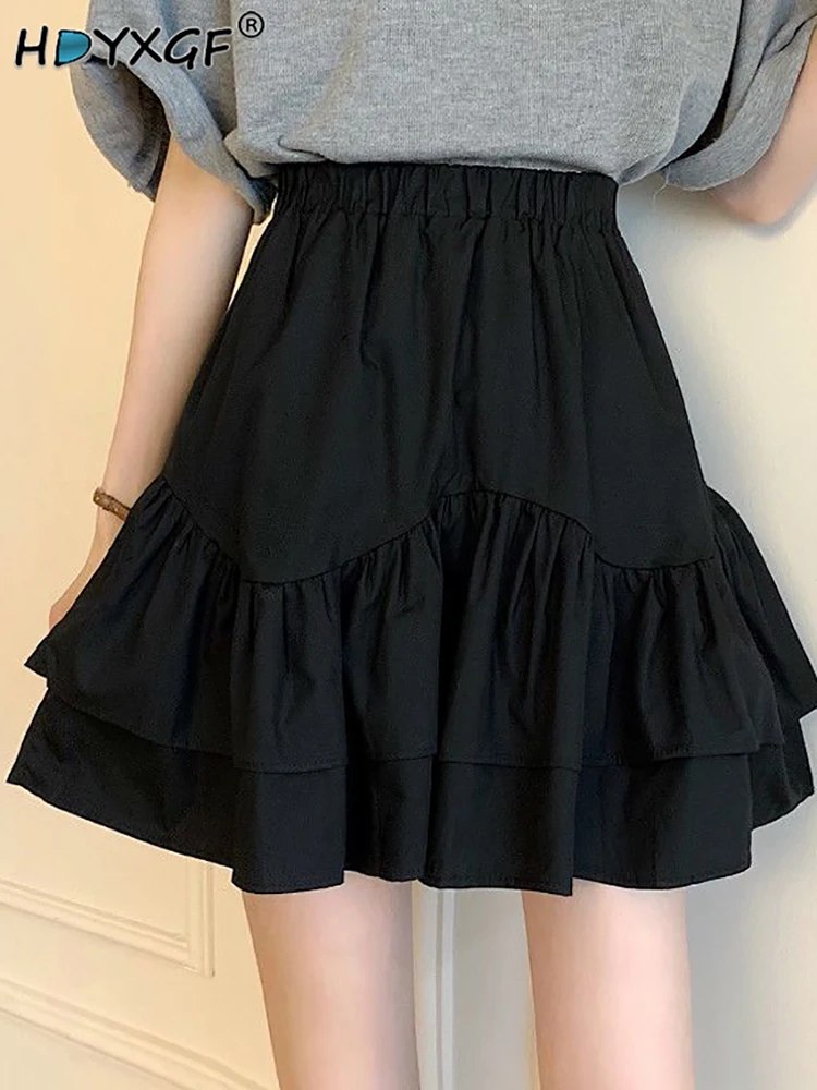 

Academic Style Solid Color A-Line Elastic High Waist Ruffled Versatile Skirt Summer Korean Fashion Loose Womens Mini Skirts Y2k