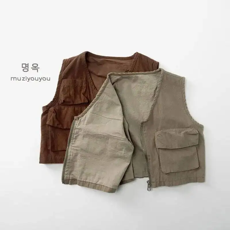 Frühling Herbst Kinder Weste 1-8Y Jungen Baumwolle Tasche Zipper Westen Tank Tops Koreanische Kleinkind Oberbekleidung Für Kinder Kleidung Neue – Detail 5