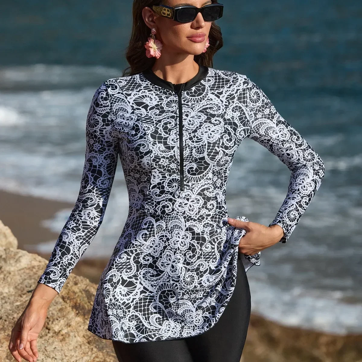 New Plus Size Modest Burkini Femmes Muslim Mujer Islamic Swim Suit Swimwear Women Swimsuit Retro Style Pattern Design
