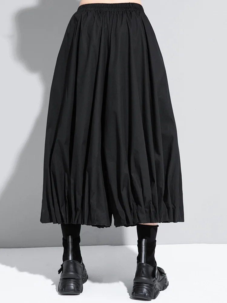 [EAM] High Elastic Waist Black Pleated Split Wide Leg Trousers New Loose Fit Pants Women Fashion Tide Spring Autumn 2026 1DA618