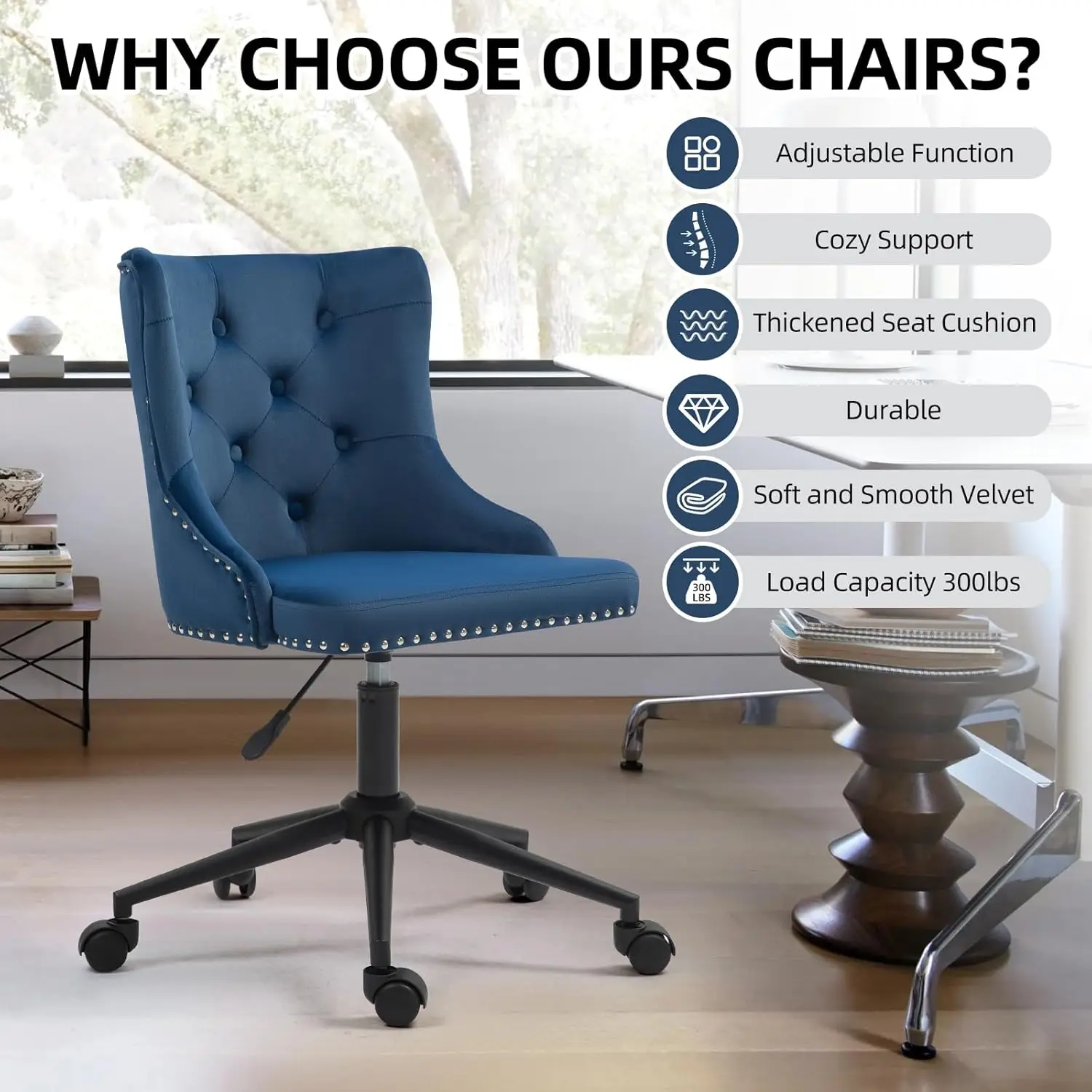 Upholstered Home Office Desk Chair with Height Adjustable Black Base and Mid-Back Tufted Nail Swivel Vanity Chair (Blue)