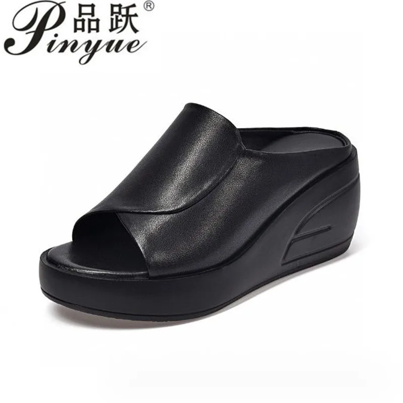 

7cm Women's Thick-heeled Soft Leather Outer dermis Slippers Fish Mouth Mid-heeled Sandals Leisure mother's sandal 34 40