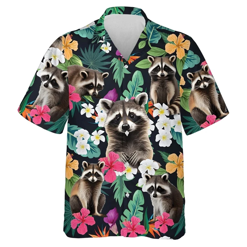 thumbnail image 1 of Camisas de mapache kawaii para hombre, blusas de playa con estampado 3D de animales lindos, blusas casuales de manga corta con solapa y botones para vacaciones, 1 of 5