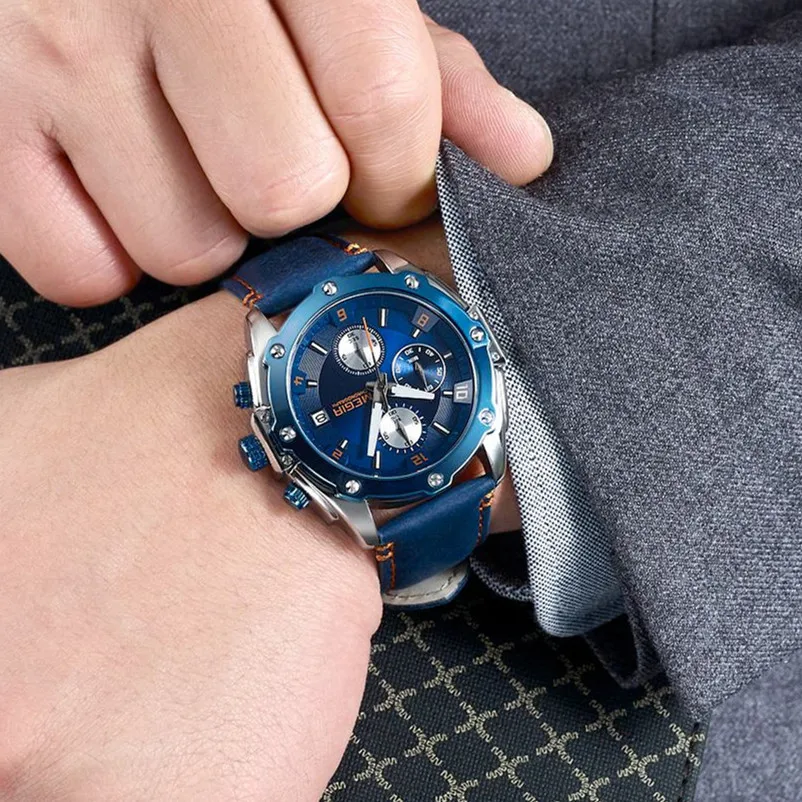 MEGIR Orologio da uomo analogico al quarzo con cinturino in pelle blu alla moda cronografo luminoso calendario automatico per sport e lavoro (2074 blu), Blu, Cinturino