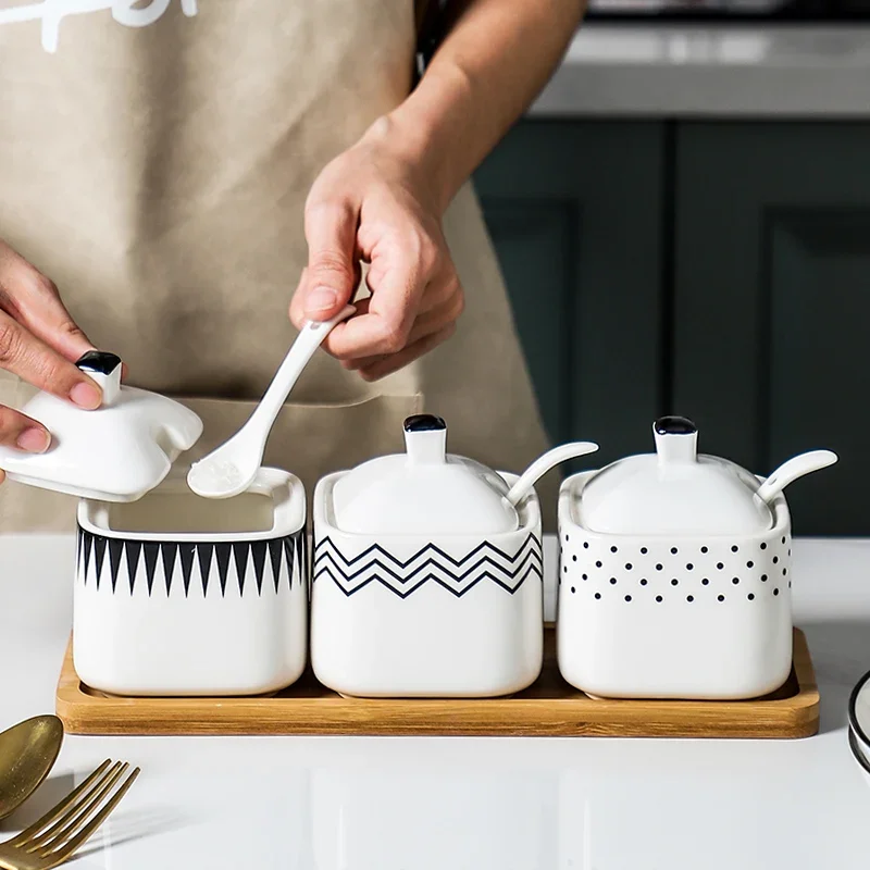 Modern Black and White Irregular Pattern Ceramic Spice Jar Bottle Household Kitchen Salt Sugar Seasoning Box Grain Jar Container