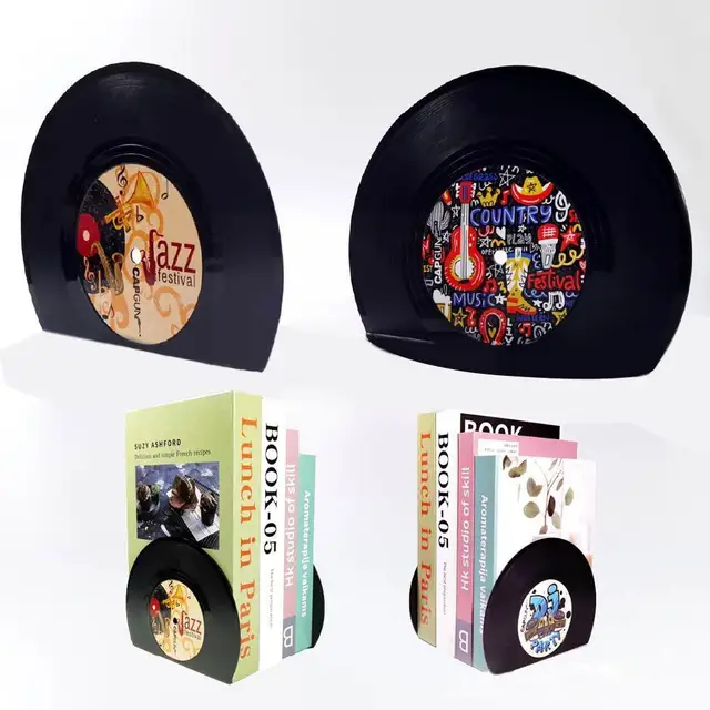 Retro Vinyl Bookends Fekete Lemezkönyv Vége Klasszikus Cd Vintage Dekoratív Könyvpolcokhoz Nonskid Bookend Asztali Dekoráció Y7F7