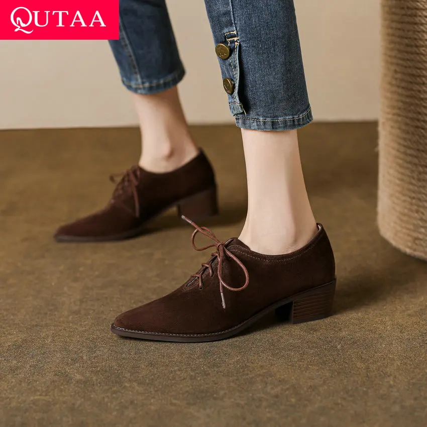 

QUTAA 2024 Genuine Leather Women Pumps Basic Low Heels Autumn Lace Up Comfort Casual Office Ladies Shoes Woman Size 34-39